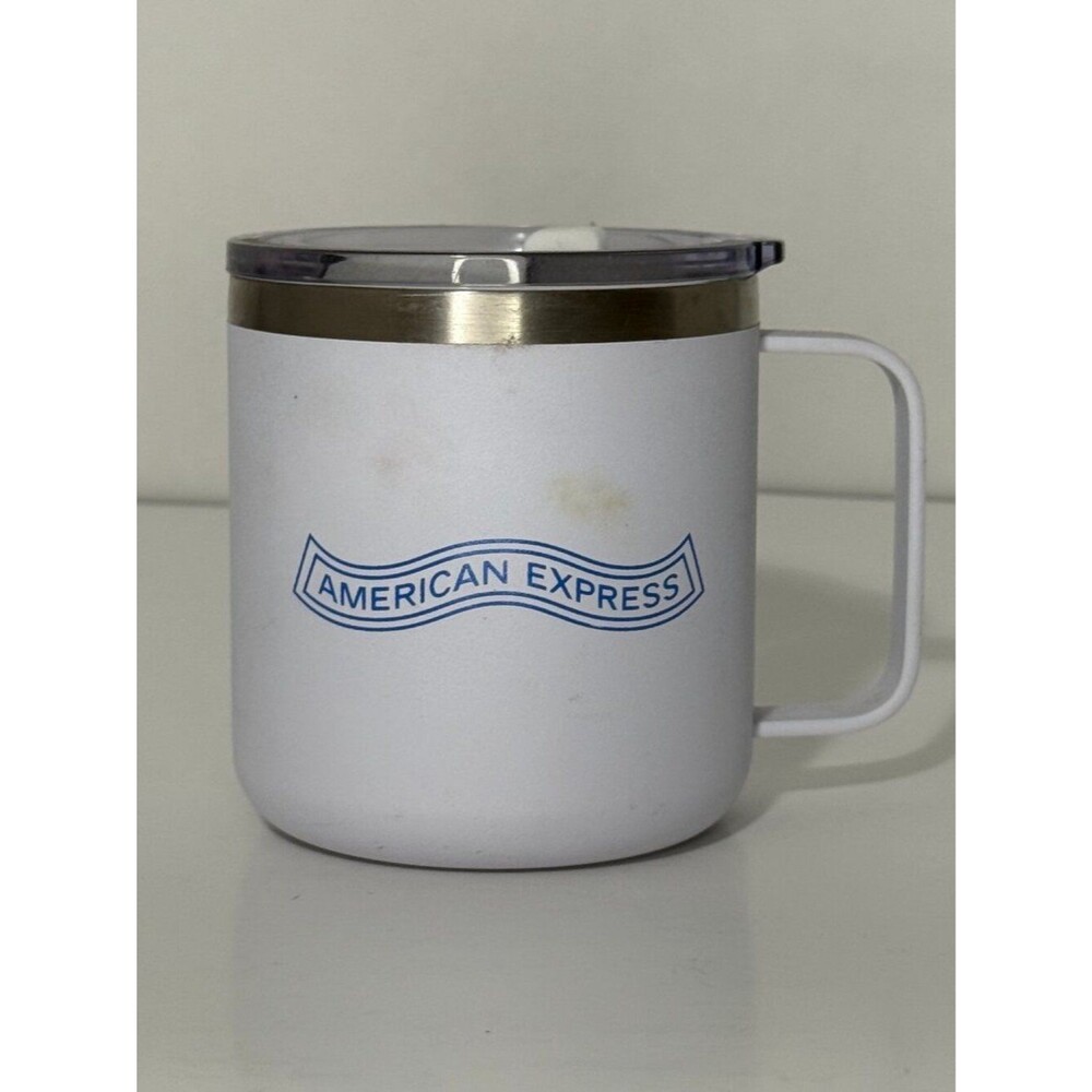 American Express White Insulated Travel Coffee Mug Cup w Lid 12oz